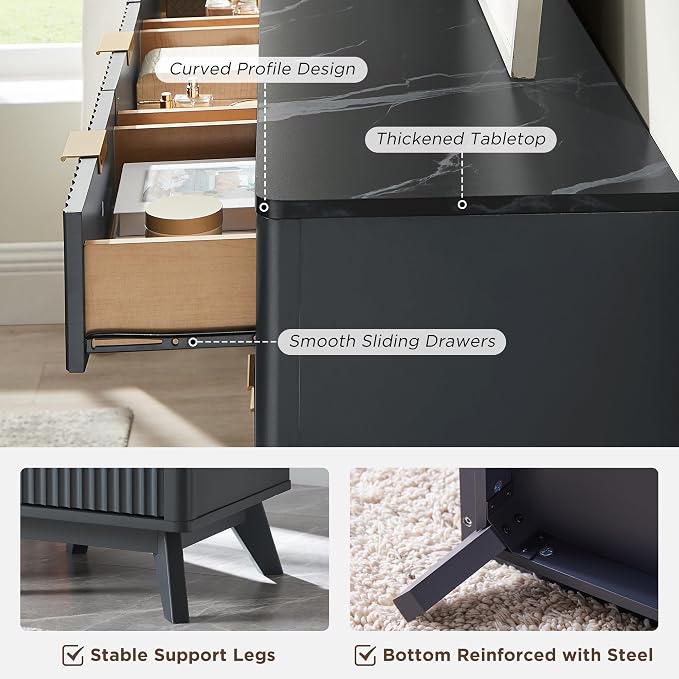 T4TREAM Fluted 9 Drawers Dresser, 54" Wide Modern Chest of Drawers with Faux Marble Top, Curved Profile Design, Dresser TV Stand, Wood Drawer Organizer for Bedroom, Living Room, Hallway, Dark Grey
