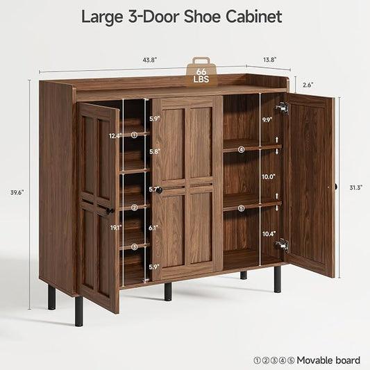 ONBRILL Shoe Cabinet with 3 Doors and Adjustable Shelves, 30 Pairs Shoe Storage Cabinet, 40 Inch Tall Farmhouse Shoe Rack Shoe Organizer Cabinet for Entryway Living Room Closet, Walnut