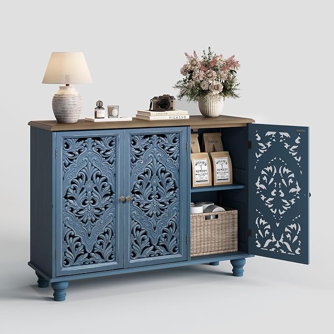 JOINICE 42.5" Accent Storage Cabinet with 3 Carved Doors,Blue & Walnut | Versatile Storage for Living Room & Dining Room & Bedroom & TV Stand, Solid Wood Legs, Farmhouse/Rustic Style, Easy Assembly