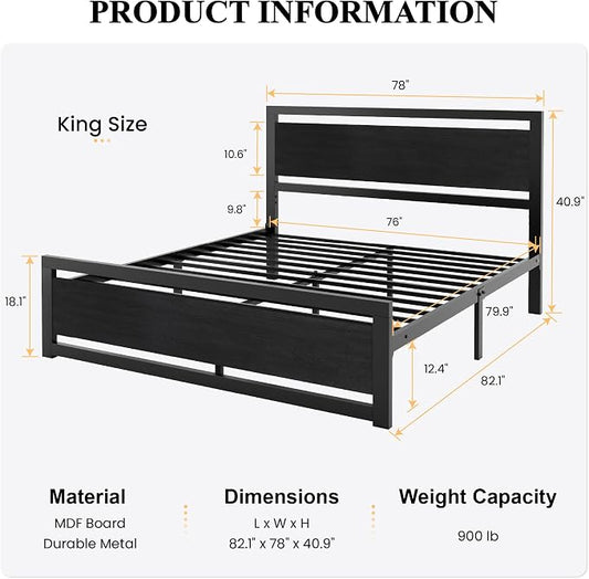 SHA CERLIN Heavy Duty King Size Bed Frame with Modern Headboard, Black | Platform Metal Base with Footboard and 13 Slats Support, No Box Spring Needed