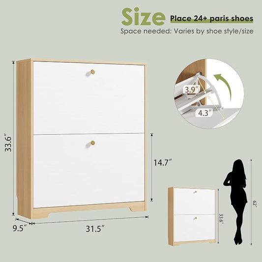 Nicetree Shoe Cabinet with 2 Flip Drawers, Narrow Shoe Organizer Cabinet, Freestanding Shoe Rack Cabinet, Modern Shoe Storage Cabinet for Entryway, Hallway, Foyer, Natural Oak and White