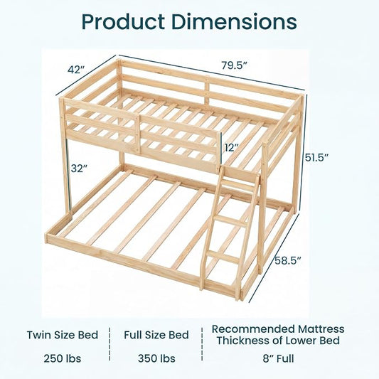 KOMFOTT Low Bunk Bed Twin Over Full, Solid Wood Twin Bed Frame with Built-in Ladder & Safety Guardrails, Space-Saving Low Bunk Bed for Kids, Teens, No Box Spring Needed (Low Twin Over Full,Natural)