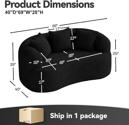 69" Curved Loveseat Sofa, Modern Chenille Cloud Couch with Extra Deep Seat, Oversized Love Seat Couch for Living Room Bedroom Apartment Small Spaces, No Assembly Required, Black
