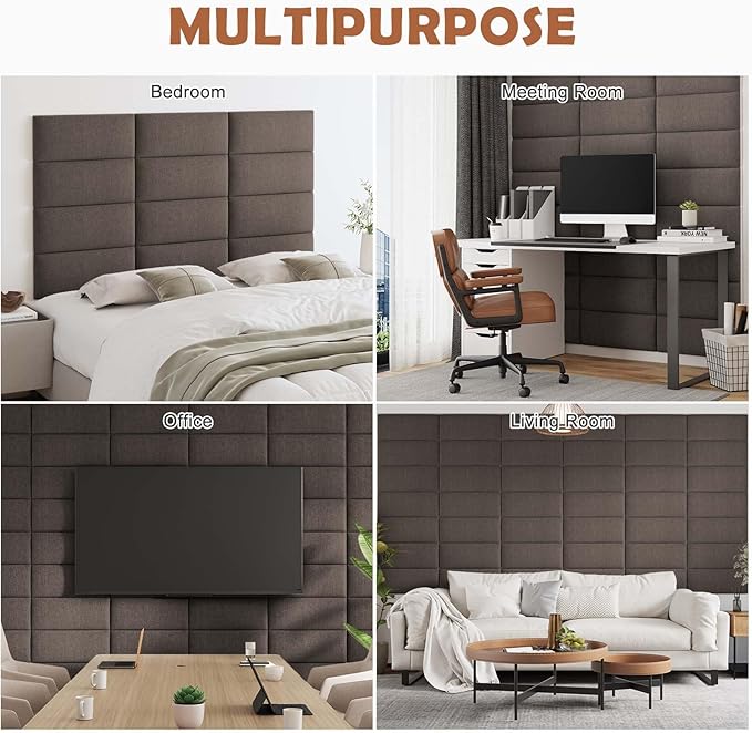 IFNOW Upholstered Wall Mounted Headboard, 3D Soundproof Wall Panels Peel and Stick for King Size, Reusable and Removable Tufted Bed Headboard in Brown (12 Panels, 10" x 24")