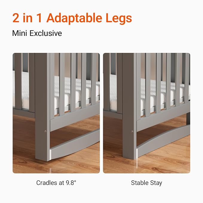 MAMAZING EvoNest Baby Crib, 11 in 1 Convertible Crib with Wheels, 100% New Zealand Wood Growing Bed, Full Size Crib for Baby, 4 Adjustable Mattress Height, Grey