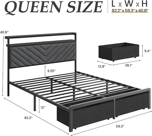 Fluest Queen Bed Frame with 2 Drawers, Upholstered Headboard with Storage and Charging Station, LED Lights, Fabric Drawers with Wheels, Under Bed Storage, No Box Spring Needed, Easy Assembly, Grey