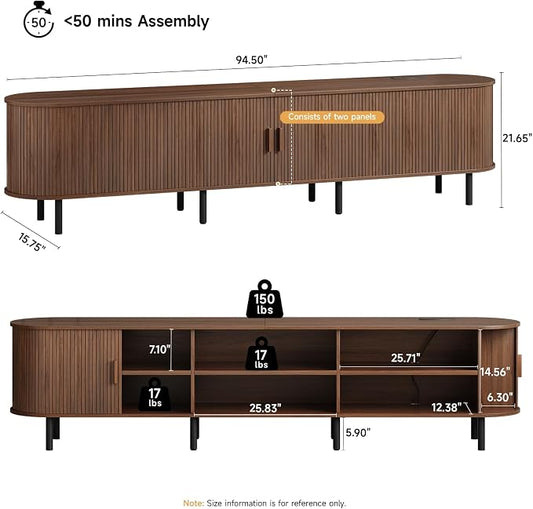 ONBRILL 94.5" TV Stand with Power Outlet for TVs up to 102 Inch, Entertainment Center with Storage and Adjustable Shelves, Modern Media Console with Sliding Doors for Living Room, Walnut