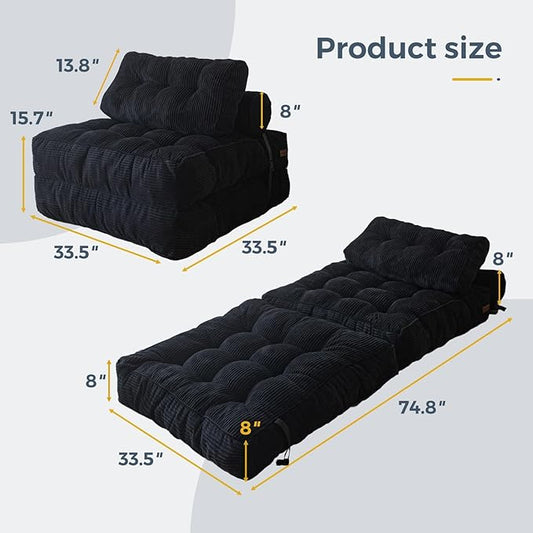 MAXYOYO Folding Sofa Bed, Convertible Chair with Pillow Foldable Couch with Back Support, Portable Fold Out Chair Bed Comfy Floor Sofa Lounge for Living Room Bedroom, Black, Single