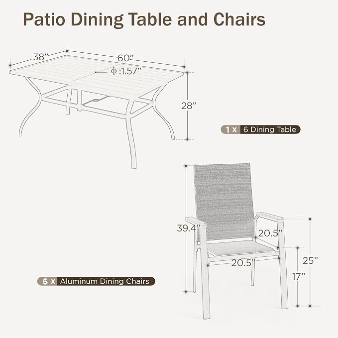 PHI VILLA Patio Dining Set for 6, Large Metal Dining Table with & 6 Outdoor Aluminum Stackable Chairs, Lightweight and Breathable Fabric, Outdoor Dining Set for Deck Porch, Grey