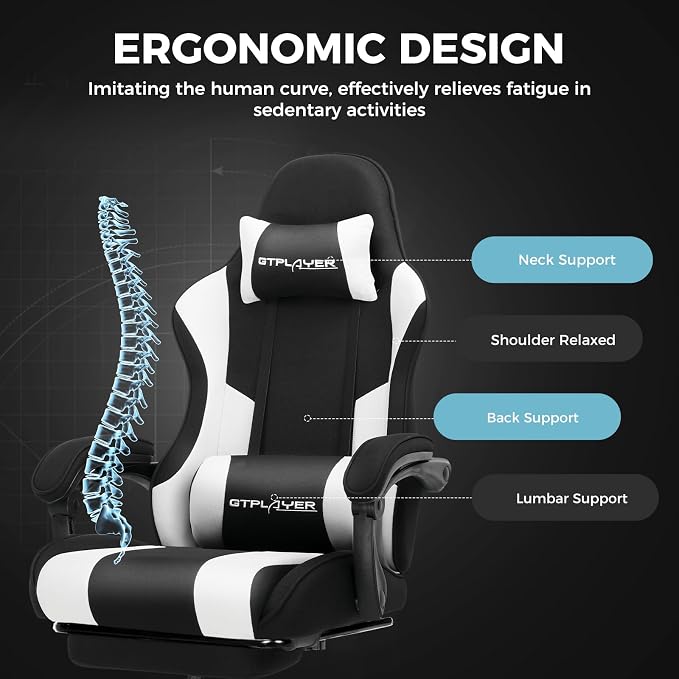 GTPLAYER Gaming Chair, Computer Chair with Footrest and Lumbar Support, Height Adjustable Game Chair with 360°-Swivel Seat and Headrest and for Office or Gaming (Fabric, Black White)