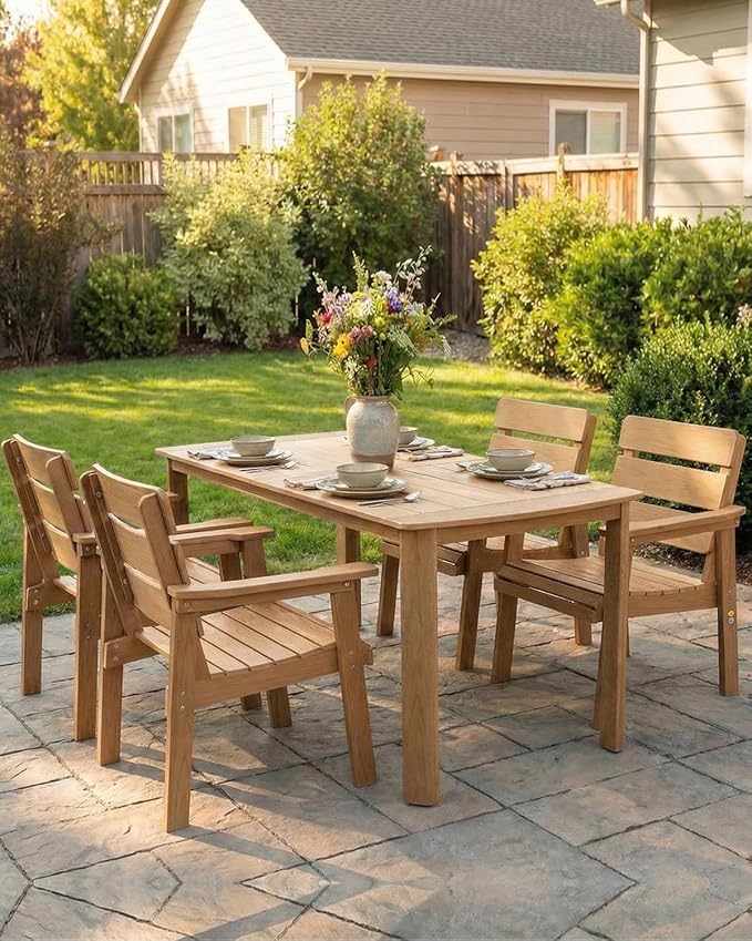 Outdoor Rectangle Dining Table with Rounded Edge, 67" All-Weather HIPS Patio Table for 6, Outdoor Furniture with Umbrella Hole, Ideal for Garden, Poolside, Backyard, Deck, Teak