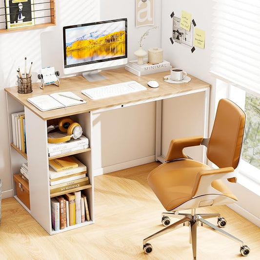 Tangkula Computer Desk with Storage Shelves, Home Office Desk with 5 Side Shelves & Metal Frame, Space Saving Laptop PC Desk, Writing Study Desk, Modern Vanity Desk for Bedroom (Natural)