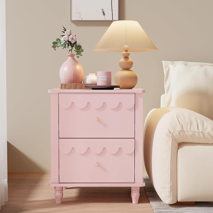 Pink Nightstand Side End Table with 2 Drawers, Modern Night Stand with Petal Pattern for Bedroom, Scalloped Bedside Night Tables with Solid Wood Legs