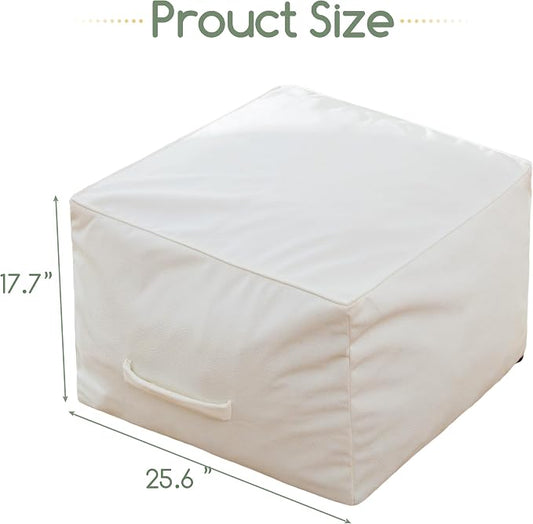 HIGOGOGO Square Stuffed Pouf Ottoman, Pu Leather Poufs with Foam Chunk Filling, Furry and Fluffy Pouf Foot Stool Storage Ottoman,26x18 Inches Floor Poufs Foot Rest for Living Room, Beige