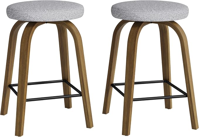Bar Stools Set of 2, Counter Height Backless Bar Stools, 26" Swivel Barstools Kitchen Chair with Upholstered Fabric Seat, Gray