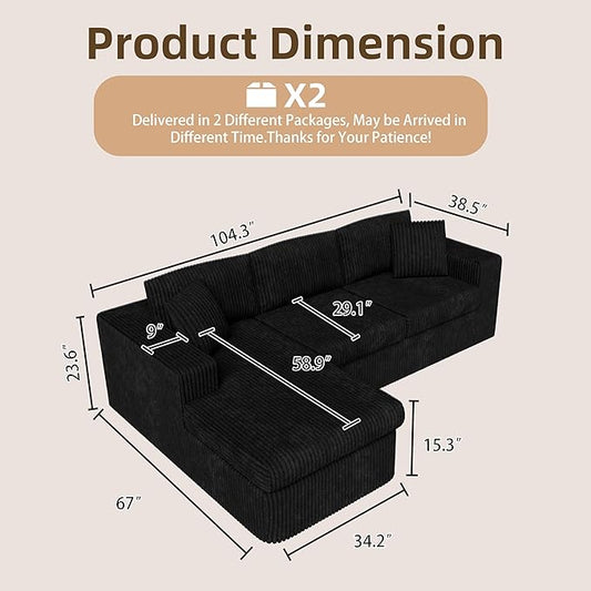 Shintenchi 105" Modular Sectional Sofa, Boneless L Shaped Couch with Deep Seat, Cloud Foam Couch with Oversized Chaise, Plush Corduroy Sofa No Assembly Needed for Living Room, Black