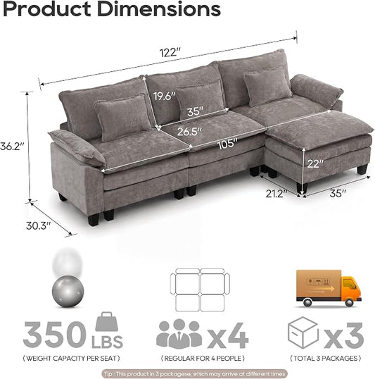 URRED Oversized Modular Sectional Sofa, 122" L Shaped Modern Comfy Cloud Couch with Movable Ottoman & Pillows, Deep Seat Couches for Living Room, Bedroom or Apartment (Chenille Gray, 122" L Shaped)
