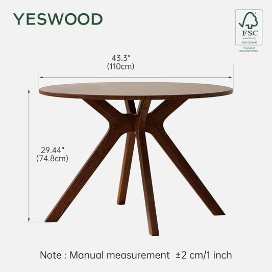 YESWOOD 43.3’’ Round Dining Table for 4, Solid Wood Oak Kitchen Table with Intersecting Pedestal Base, Farmhouse Wooden Kitchen Table, Circle Dinner Table for Dining Room, Living Room, Office, Walnut