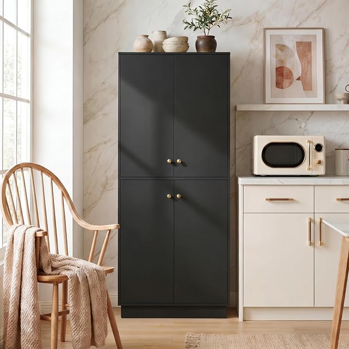 Garvee Kitchen Pantry Cabinet, 68'' Pantry Storage Cabinet with 4 Doors and 4 Adjustable Shelves, Wooden Freestanding Cupboard for Kitchen, Dining Room and Living Room, Black