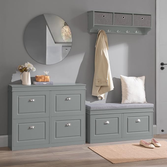 SoBuy Grey Storage Shoe Bench with 2 Flip Drawers, Hidden Shoe Bench, Free Standing Shoe Rack, Shoe Cabinet, Hallway Storage Bench with Seat Cushion FSR64-HG