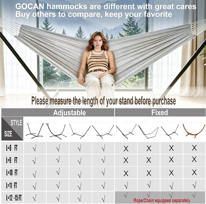GOCAN Large Outdoor Hammock, Extra Long 2 Person Replacement Cotton Canvas Hammock Compatible with Hammock Stand, 500 Lbs Weight Capacity(Grey)