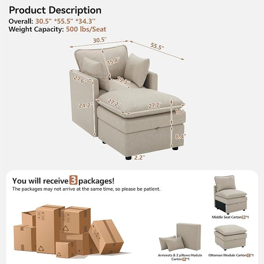 30" Beige Faux Leather Storage Sofa Chair, Single Accent Chair with Ottoman | Modern Upholstered Deep Seat Sofa Chair, Comfort for Reading, Lounging, and Small spaces, Armchair for Living Room, Bedroom