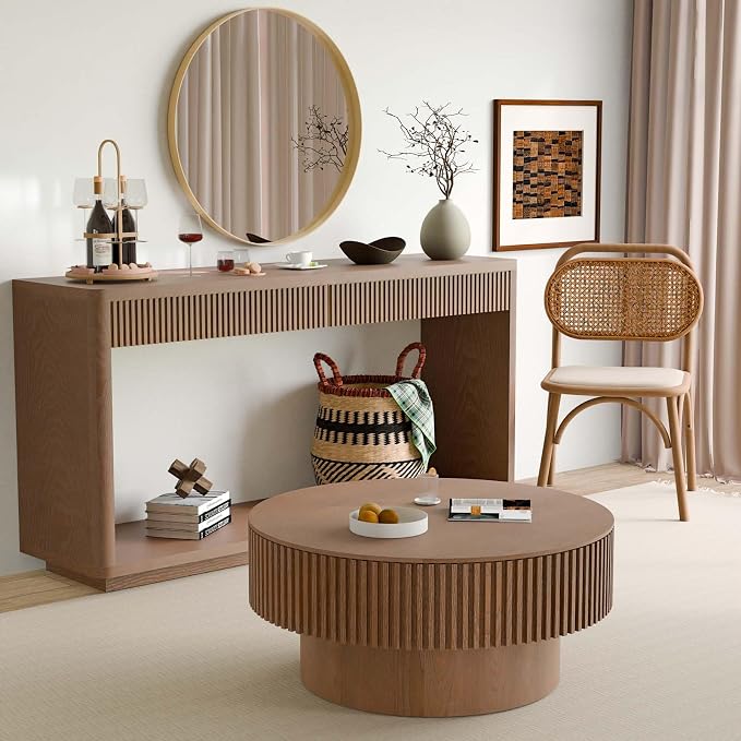 Round Coffee Table with Storage, Modern Wooden Coffee Table with Solid Wood Veneered, Circle Center Table Accent Tea Table for Living Room Apartment Small Space (31.5''L × 31.5''W × 14''H, Walnut)