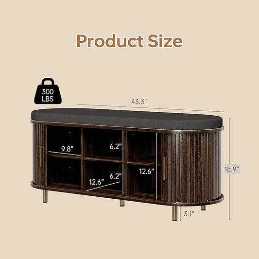 DHH 2-Tier Storage Bench,Wide Shoe Bench with Thickened Padded Seat Cushion, Mid Century Modern Fluted Sliding Door and Adjustable Shelf, for Entryway, Living Room, Bedroom (Dark Walnut, 43.3“)