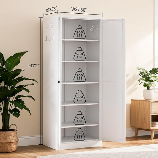 Metal Storage Cabinet, 72" Tall Kitchen Pantry Cabinet with 2 Doors and 5 Adjustable Shelves, White Steel Storage Cupboard for Dining, Office, Living Room, Bathroom