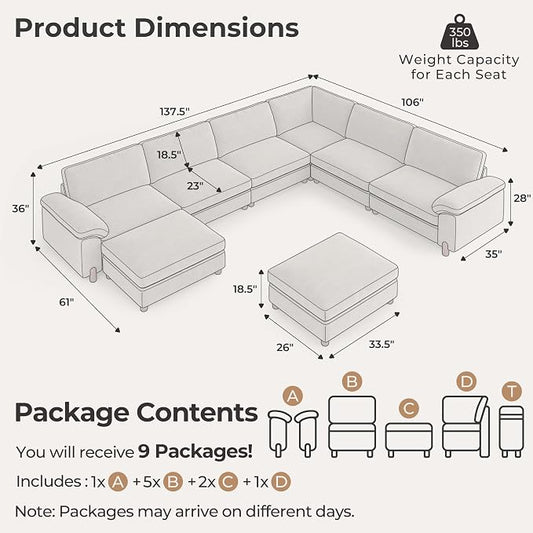 SITJOY Large Cloud Couch, 138" Wide 6 Seater V Shape, Light Gray Chenille | Detachable and Washable Chenille Cover Sectional Sofas for Living Room, Deep Seat Wide Couch with Chaise, Storage Ottoman