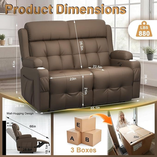 Reclining Loveseat with Pebble Texture Fabric, Loveseat Recliner with USB/Type C Ports, Storage & Cup Holders, RV Wall Hugger Recliner Sofa for Living Room & Home Theater & RV
