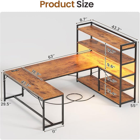SEDETA L Shaped Desk with Storage Shelves, 63” Reversible U Shaped Office Desk, Gaming Desk with Power Outlet and LED Lights for Home Office, Rustic Brown