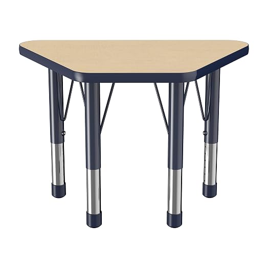 FDP Trapezoid Activity School and Classroom Kids Table (18 x 30 inch), Chunky Toddler Legs for Collaborative Seating Environments, Adjustable Height 15-24 inches - Maple Top and Navy Edge