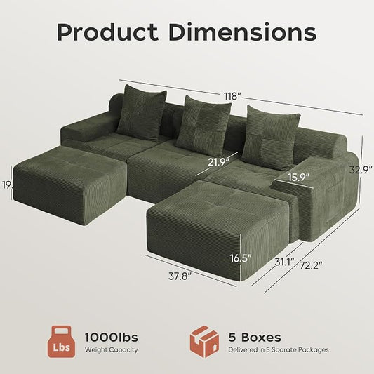 118" Sectional Boneless Oversize Modular Couches, Curved Cloud Sectional Sofa for Living Room, Corduroy U Shape Deep Seat Sofa with 2 Ottomans & 3 Throw Pillows, No Assembly Required,Green