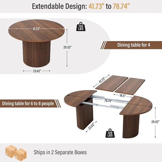 41 in-78 in Extendable Dining Room Table for 4-8, Round Expandable Kitchen Table with Fluted Base, Modern Farmhouse Oval Dinner Tables for Dining Room Kitchen Living Room (Walnut)