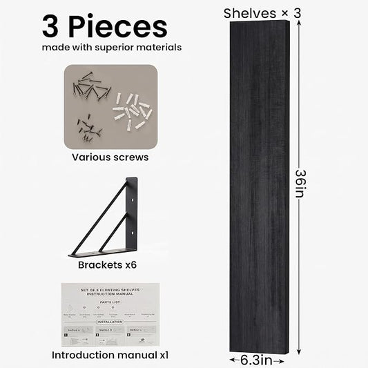 BAYKA Wall Mounted Floating Shelves, Wood Floating Wall Shelf for Books & Decor, Small Space-Saving Display & Organizer(Black,36in,Set of 3)