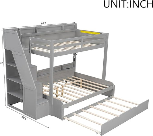 Twin Over Full Bunk Bed with Storage Staircase and Trundle,Storage Shelves, LED and USB,for Kids Teens Adults Bedroom Use (Grey-USB, Twin Over Full)