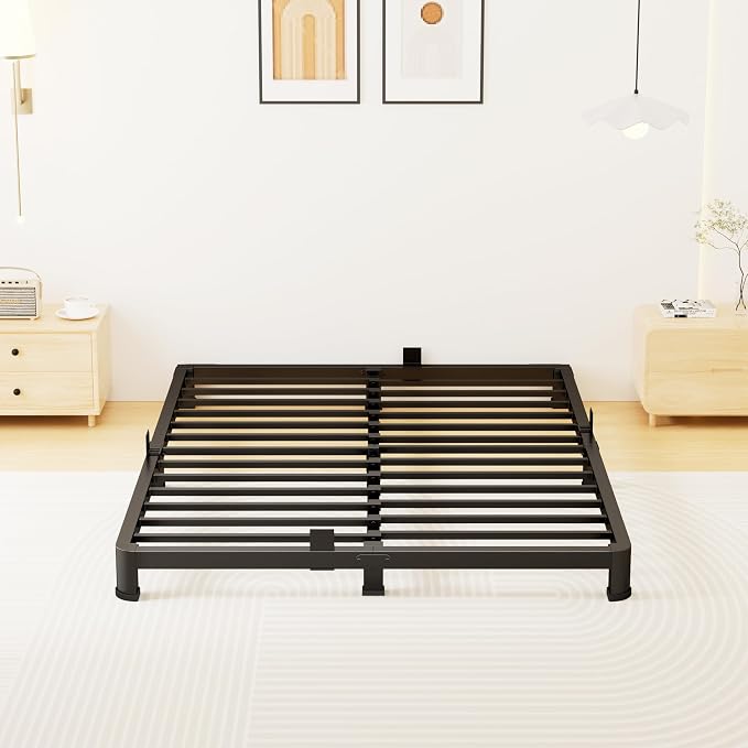 Superay 4 Inch Full Bed Frame Low Profile, Heavy Duty Metal Platform Bed Frame with Round Corner Legs, Sturdy Mattress Foundation, No Box Spring Needed, Easy Assembly, Noise Free, Black