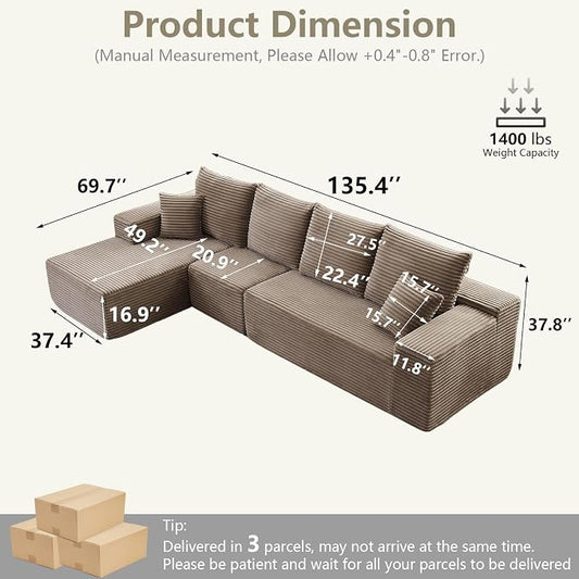 135" Cloud Sectional Couch with L-Shape Chaise, Modern Modular Comfy Sofa with Deep Seat, Upholstered Corduroy Couches Sleeper Chaise Longue for Living Room Bedroom, No Assembly Required, Camel