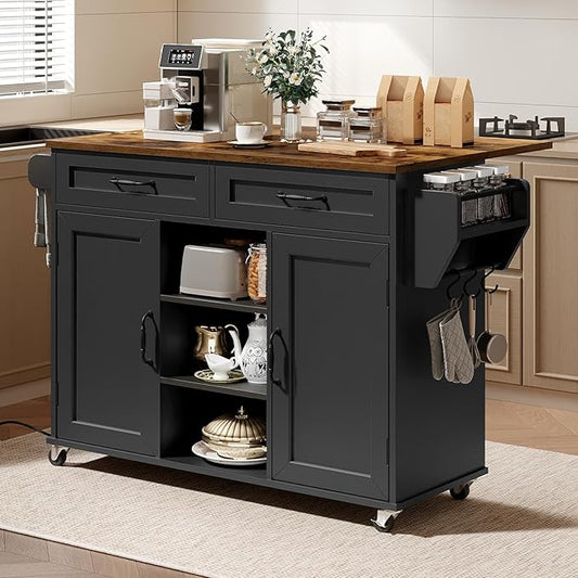 RALGEND Kitchen Island with Power Outlets & Drop Leaf, Kitchen Cart with Storage, Drawer and Spice Rack, Tower Rack, Island Table, Black and Rustic Brown