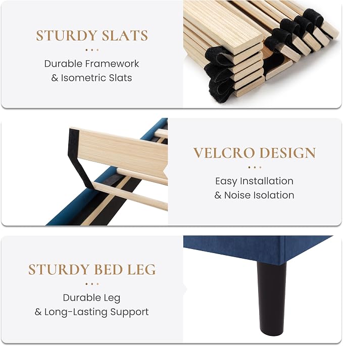 SHA CERLIN King Size Platform Bed Frame, Velvet Upholstered Bed with Adjustable Headboard, Vertical Channel Tufted Design, Sturdy Wood Slat Support, No Box Spring Needed, Easy Assembly, Dark Blue