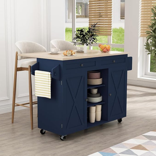HLR Kitchen Island On Wheels, Blue Rolling Kitchen Island Cart with Solid Wood Drop Leaf Prep Table, Barn Door Kitchen Islands with Storage Cabinet and Tower Rack, Island Table for Kitchen