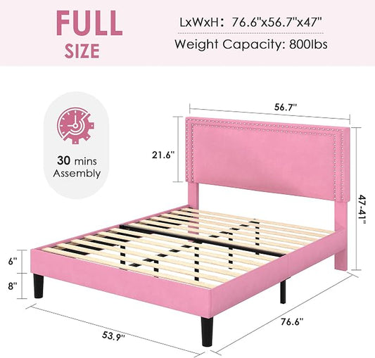 VECELO Full Size Platform Bed Frame with Height Adjustable Upholstered Headboard, Modern Mattress Foundation,Strong Wood Slat Support, No Box Spring Needed, Easy Assembly,Pink