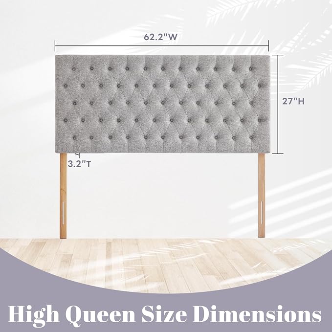 Upholstered Queen Headboard Only, Premium Linen Button Tufted Headboards, Adjustable Solid Wood Head Board, Padded Headboard with Solid Wood Legs in Bedroom (Grey)