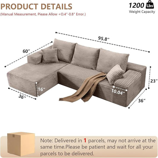 96" Modular Sectional Sofa, Modern Corduroy Cloud Couch with Deep Seat, Boneless Couch Upholstered 3-Seater L-Shaped Sofa for Living Room, No Assembly Required (Camel, Left-Facing Chaise)