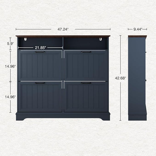 Shoe Storage Cabinet with 4 Flip Drawers, Farmhouse Modern Hidden Shoes Rack Cabinet with Adjustable Shelves & Open Storage, Narrow Slim Shoe Organizer for Front Door Entrance, Entryway, Navy Blue