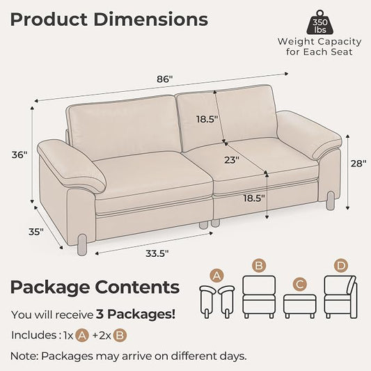 SITJOY Large Cloud Couch, 86" Wide 2 Seater Loveseat, Faux Leather in Brown | Pet-Friendly Scratch-Resistant Leather Sectional Sofas for Living Room, Deep Seat Wide Couch