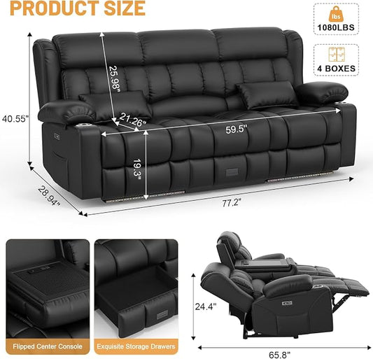 Dresegmt Power Loveseat Recliner Sofa, Zero Wall Hugger RV Reclining Loveseat Couch with Flip Middle Backrest Design, 3 Seat Reclining Sofa with Storage Drawer, Power Recliner for Living Room (Black)