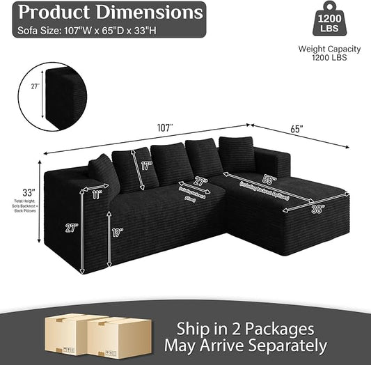 Oversized L Shaped Boneless Sectional Couches for Living Room, 107" Comfy Fluffy Cloud Modular Sectional Sofa, Plush Corduroy Memory Foam Floor Sofa with Right Facing Chaise Couch