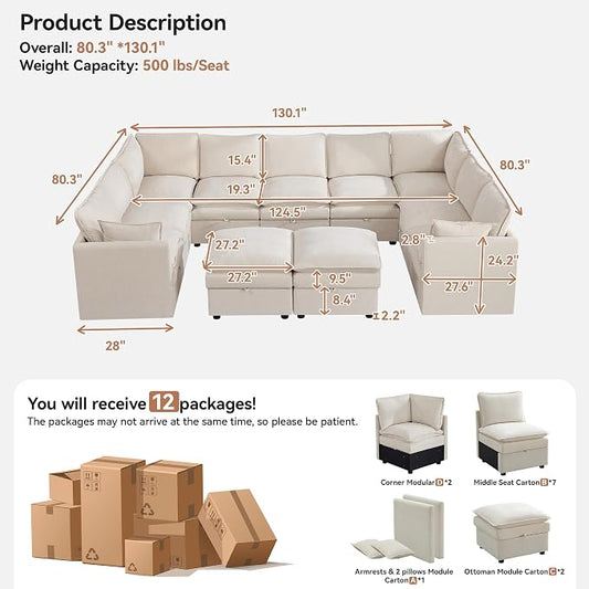 130" Beige Oversized Modular Storage Sofa, U Shaped Chenille Cloud Couch | Oversized Convertible Sectional Sofa, 9-Seat Sectional Couch With 2 Ottomans, Large Cloud Couch For Living Room, Apartment.